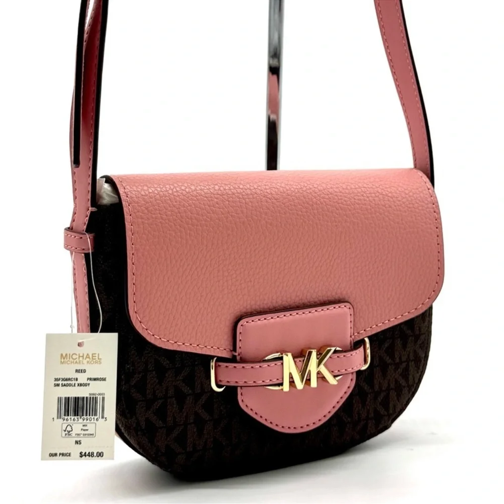 Michael Kors Small Reed Leather Saddle Crossbody Bag Brown/Light Pink
